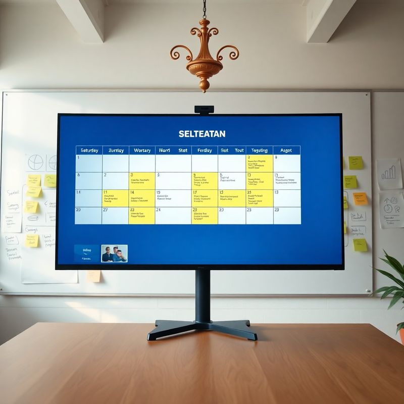 Redakční kalendář na monitoru v moderní kanceláři